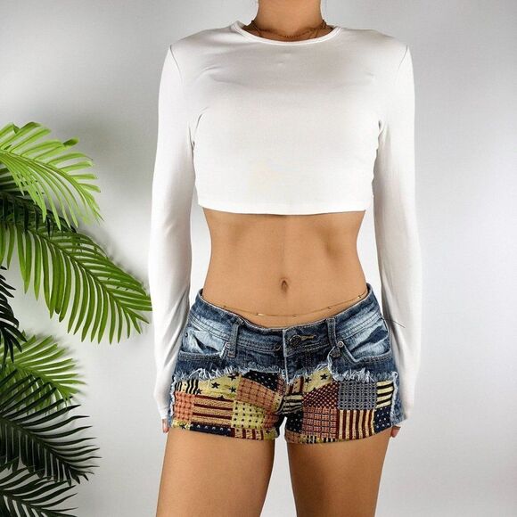 Vintage Y2K Low Rise Distressed Denim Patchwork Jean Summer Mini Booty Shorts /7 - Picture 1 of 6